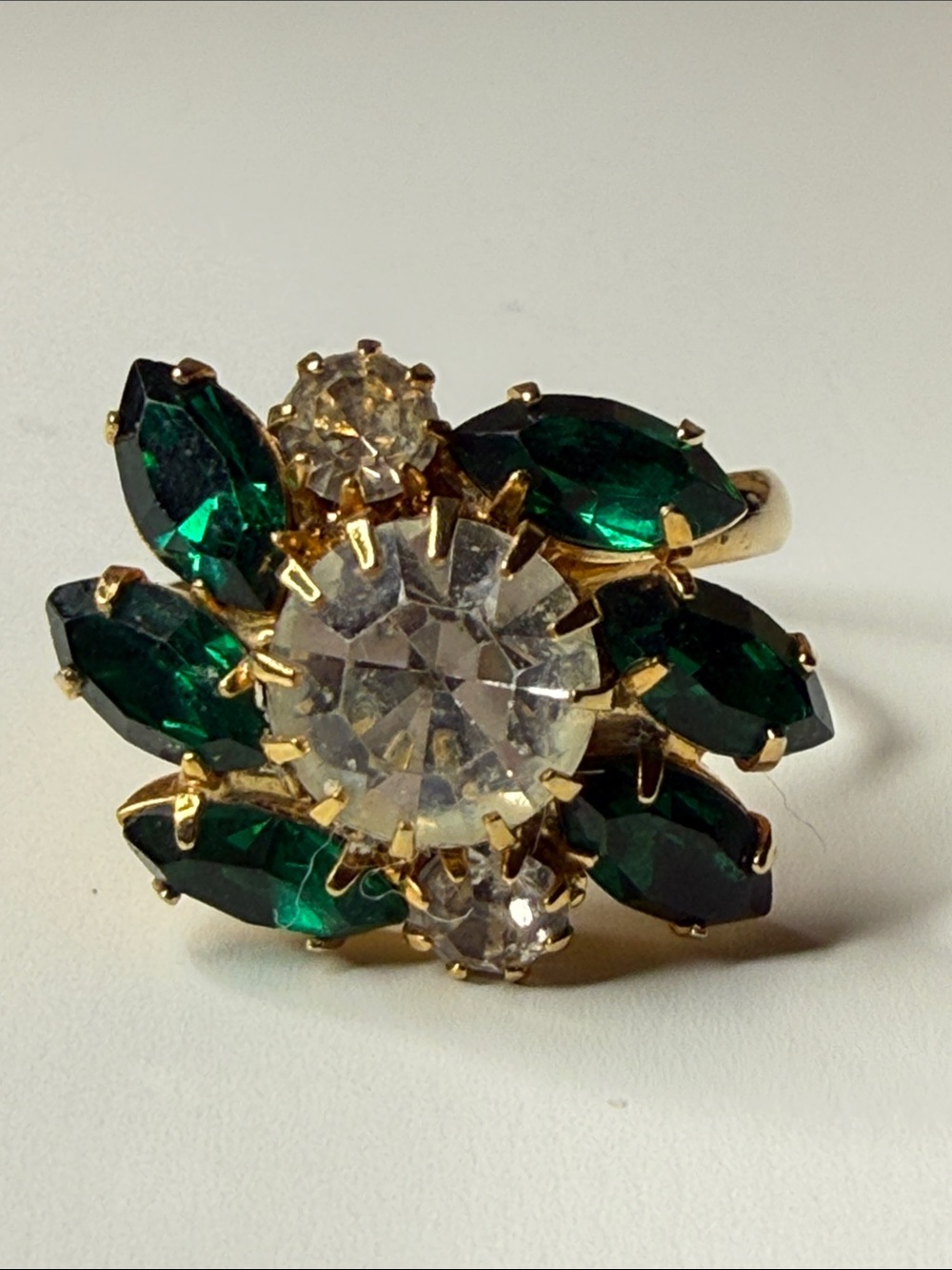 Vintage Gold-tone Ring with Emerald Green and Clear prong set costume piece
